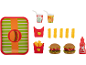 Conjunto de comida de brinquedo com bandeja, hambúrgueres, batatas fritas, bebidas e ketchup.