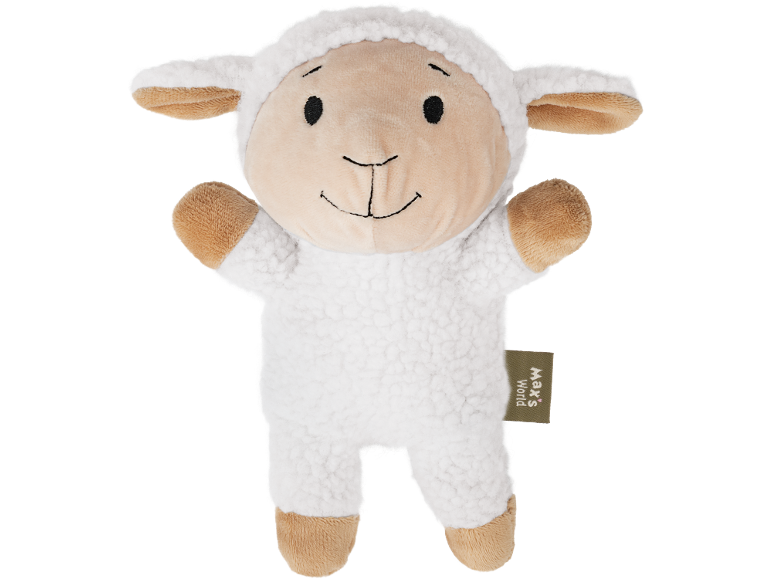 Peluche de cordeiro branco com rosto bege e cascos castanhos