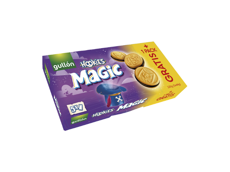 Pacote de bolachas Gullón Hookies Magic, 5x44g, com uma embalagem grátis.