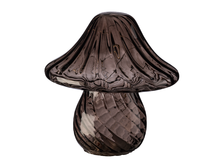 Candeeiro de mesa em vidro cinza fumado em forma de cogumelo com textura ondulada.