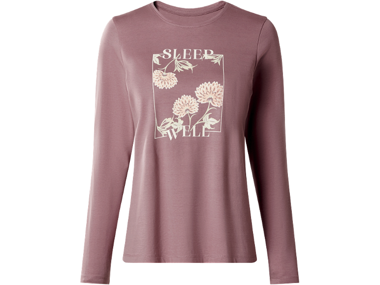 Top rosa de manga comprida com texto 'SLEEP WELL' e design floral.