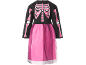 Vestido de esqueleto preto para menina com estampa rosa e saia de tule.