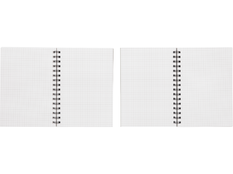 Caderno de argolas aberto com páginas quadriculadas em branco