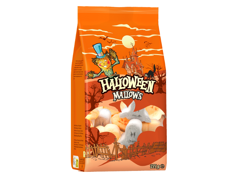 Saco de doces de Halloween com marshmallows de abóbora e fantasma, 275g.