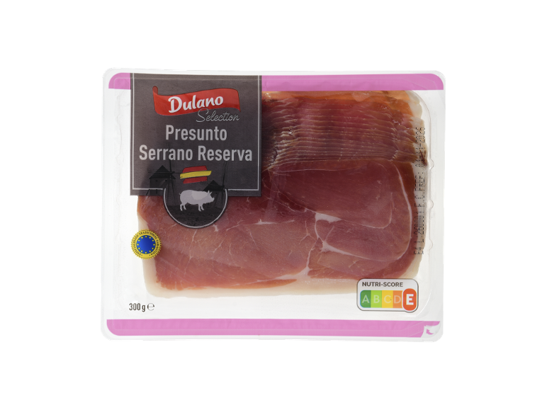 Embalagem de presunto serrano com rótulo Nutri-Score E e peso de 300g.