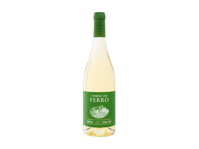 Garrafa de vinho branco com rótulo verde ilustrando uma vinha.