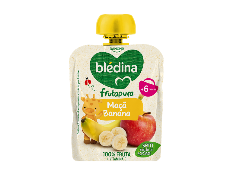 Bolsa de puré de fruta maçã e banana para bebés, 100% fruta, sem adição de açúcar.