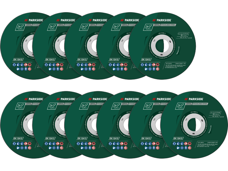 Discos de corte para metal e aço inoxidável, 115 mm, 80 m/s, 13.300 rpm.