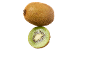 Um kiwi inteiro e um cortado ao meio sobre fundo preto.