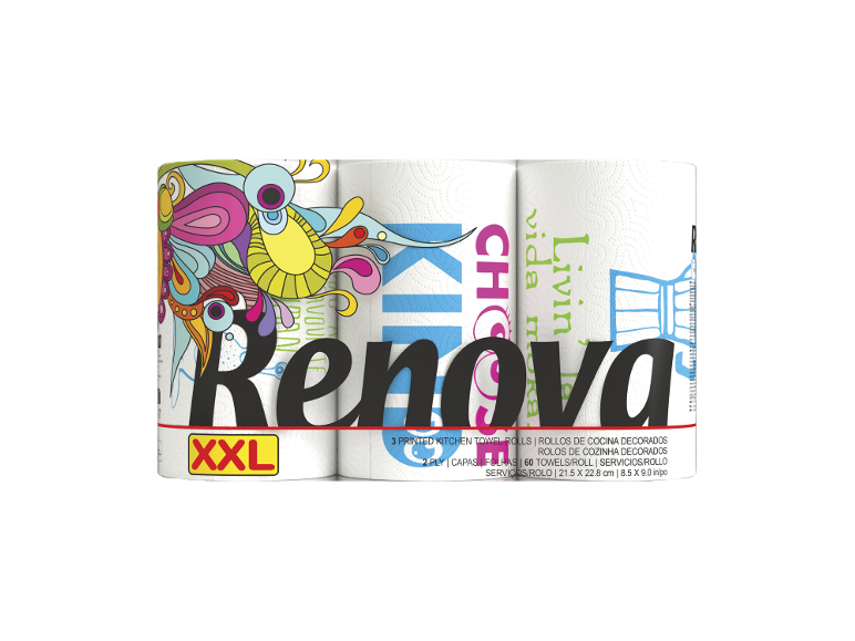 Três rolos de papel de cozinha XXL com padrões coloridos e abstratos e texto.