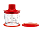 Picador vermelho com recipiente transparente e medidas, tampa ao lado