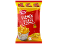Batatas fritas congeladas XXL com óleo de girassol numa embalagem vermelha e amarela.
