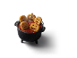 Formas de batata com tema de Halloween num caldeirão de molho de tomate com vapor.