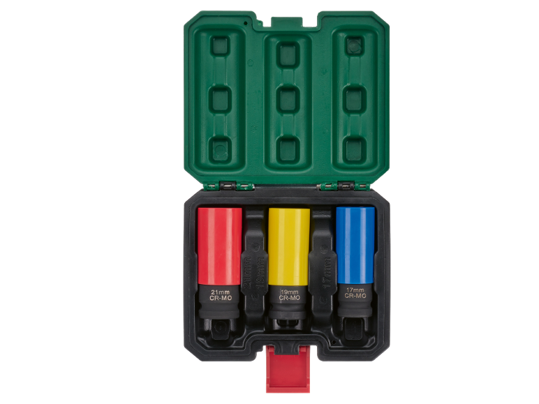 Conjunto de chaves de impacto com chaves CR-MO de 17 mm, 19 mm e 21 mm numa caixa verde.