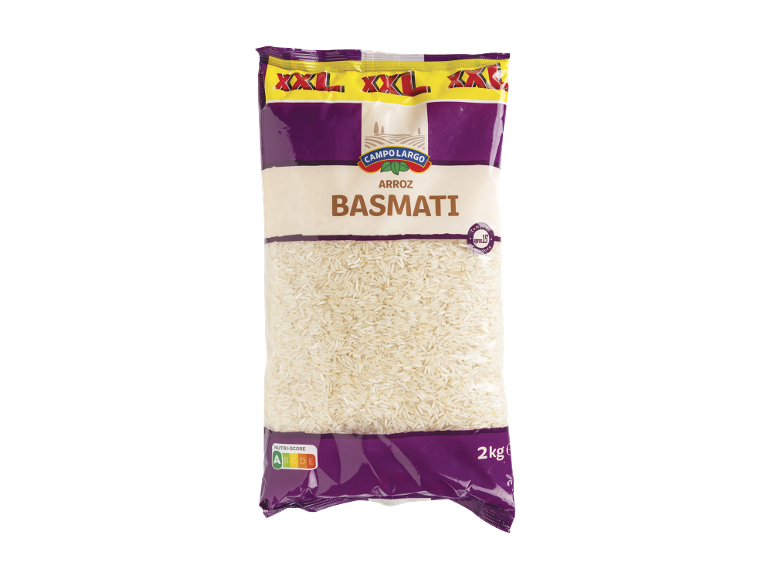 Embalagem de 2 kg de arroz basmati com Nutri-Score A e tempo de cozedura de 15 minutos.