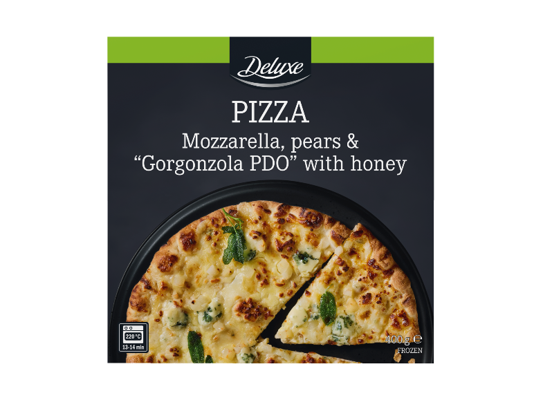 Embalagem de Deluxe Pizza Mozzarella, peras e Gorgonzola DOP com mel