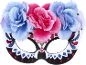Máscara floral colorida estilo Dia de los Muertos com flores rosa e azuis.