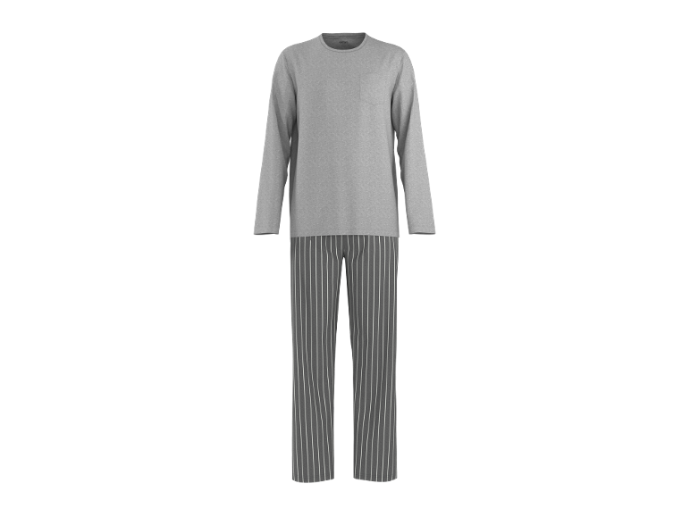 Pijama masculino cinzento com camisola de manga comprida e calças às riscas.