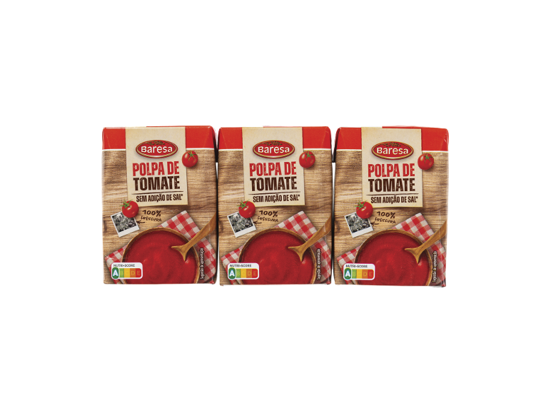 Três embalagens de polpa de tomate Baresa, sem adição de sal, 100% fresca, Nutri-score A/B.