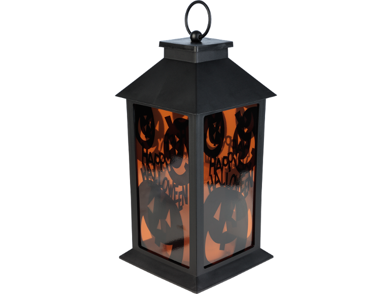 Lanterna preta de Halloween com painéis laranja, recortes de abóboras e texto « Happy Halloween ».