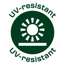 Selo verde 'UV-resistant' com um sol e uma linha.
