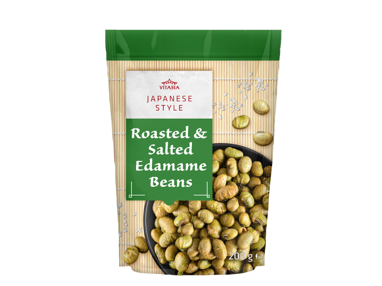 Feijão edamame torrado e salgado estilo japonês numa embalagem com uma tigela.