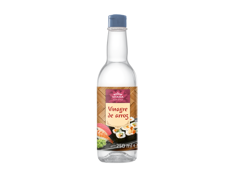Garrafa de vinagre de arroz com imagem de sushi, texto 'Vinagre de arroz' e '250 ml e'.