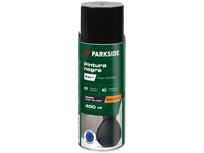 Tinta spray preta 2 em 1 para interior e exterior, 400 ml, brilhante.