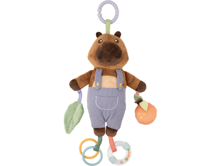 Peluche de capivara macio com personagem e mordedores para bebé.
