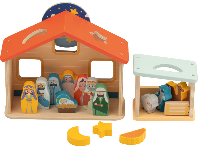 Presépio de madeira com figuras e animais, mais formas decorativas.