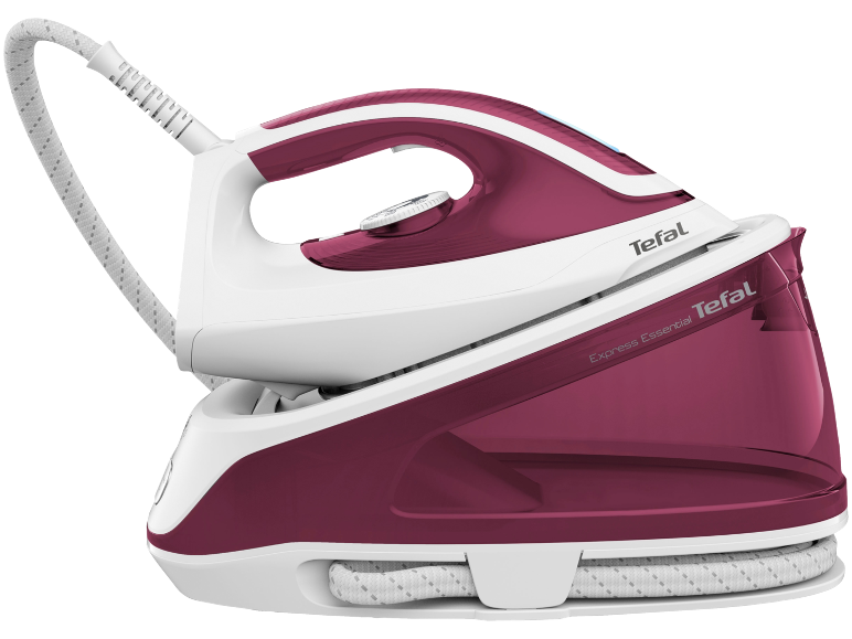 Sistema de engomar a vapor bordeaux e branco, com reservatório de água transparente.