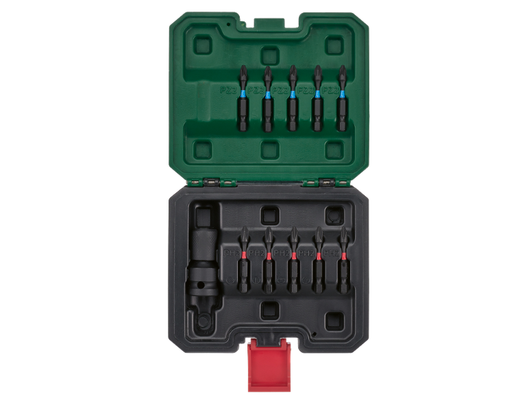 Conjunto de bits aberto com pontas de chave de fenda PZ2 e PH2 e um suporte de bits.
