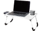 Mesa dobrável branca para portátil com computador e caneca.