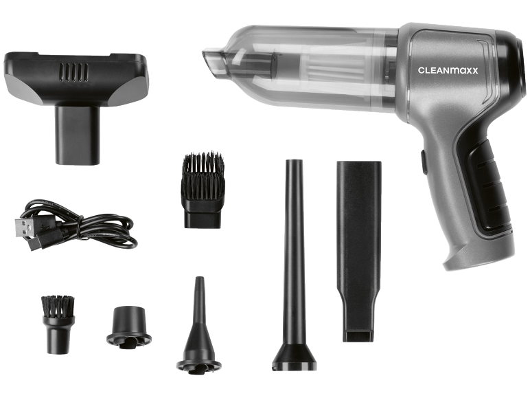 Aspirador de mão cinzento com acessórios, incluindo escovas, bicos e cabo de carregamento.