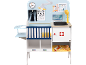 Clínica veterinária de brinquedo com raio-X, tabela de visão, monitor, pia e ferramentas médicas.
