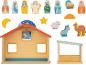 Conjunto de presépio de madeira com figuras de pessoas, animais e edifícios.