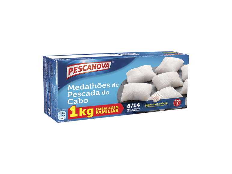 Embalagem de medalhões de pescada, 1 kg, embalagem familiar, 8-14 unidades, embalados a vácuo.