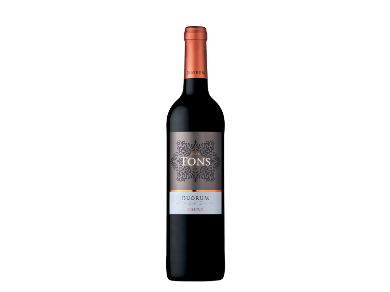 Garrafa de vinho tinto com rótulo que diz '2016 TONS DE DUORUM DOURO' e padrões decorativos.