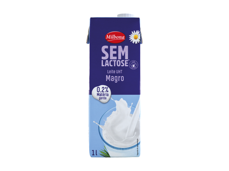Carton de leite UHT magro sem lactose com 0,2% de matéria gorda.