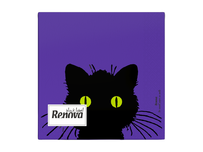 Guardanapo roxo decorado com a ilustração de um gato preto de olhos verdes brilhantes.