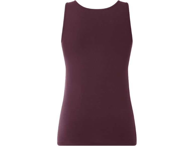 Top básico de alças vermelho vinho para mulher, vista traseira.