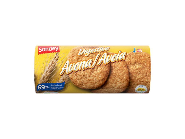 Biscoitos digestivos de aveia com 69% cereais, alto teor de fibra e abertura fácil.