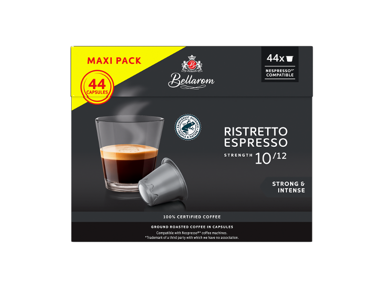 Embalagem de 44 cápsulas de café Ristretto Espresso, intensidade 10/12, compatíveis com máquinas de café.