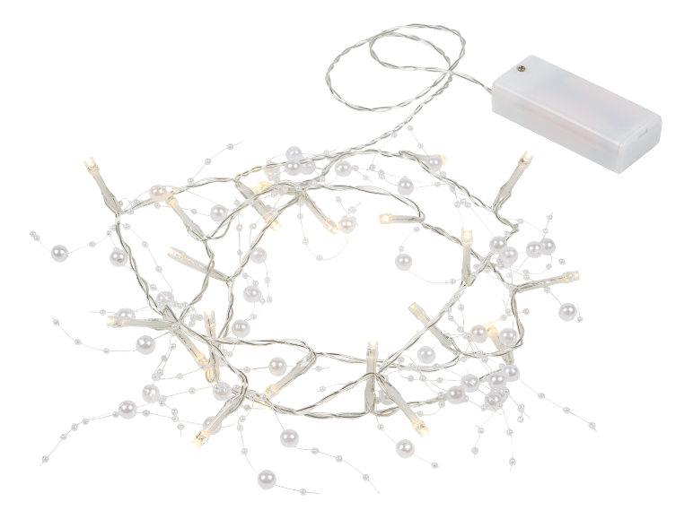 Grinalda de luzes LED com pérolas brancas e compartimento para pilhas.