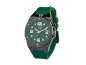 Relógio de pulso com bracelete verde e caixa de metal escuro, com mostrador verde e números brancos.