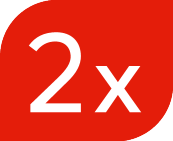 Emblema vermelho com texto branco '2x'.