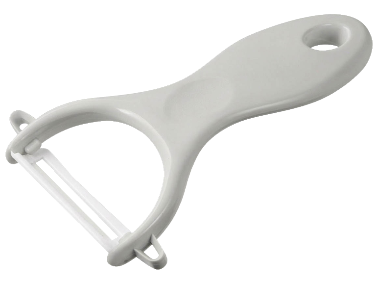 Descascador de cerâmica branco com cabo ergonómico e orifício para pendurar.
