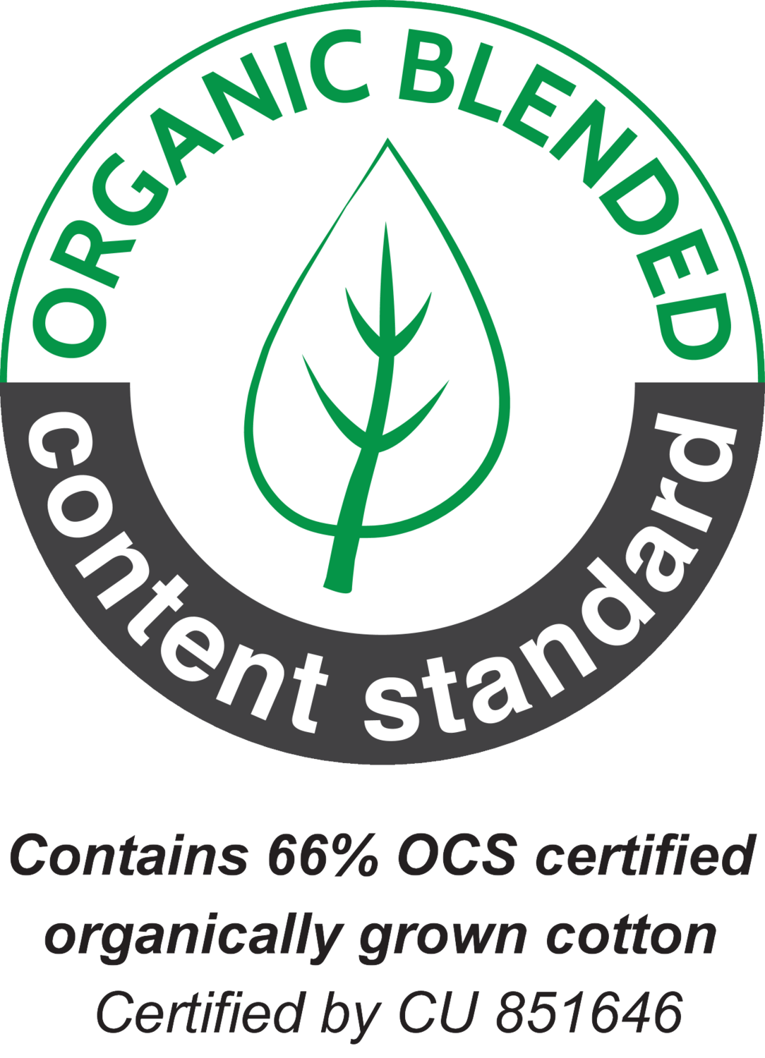 Selo: Organic Blended Content Standard. Contém 66% de algodão cultivado organicamente.