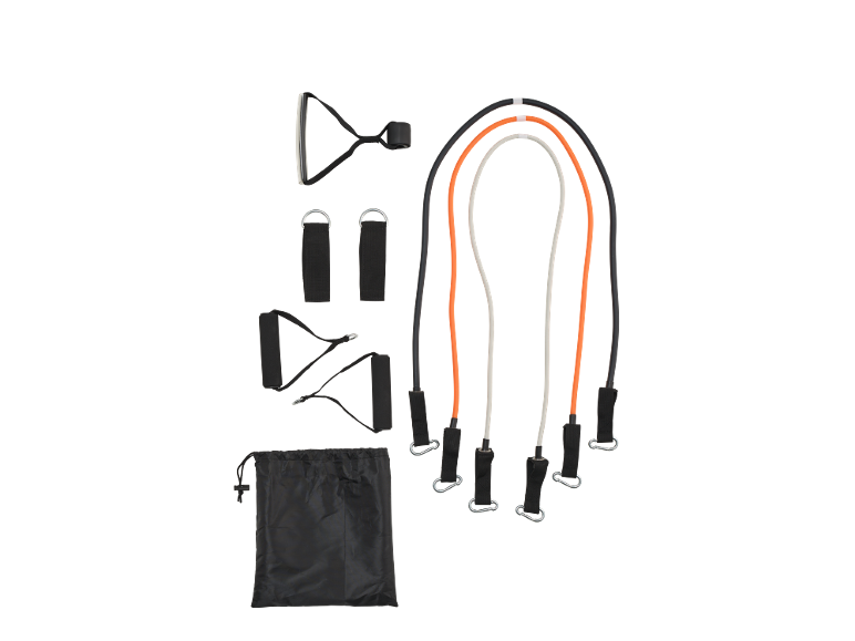 Conjunto de bandas de resistência com pegas, tiras de tornozelo e saco de transporte.