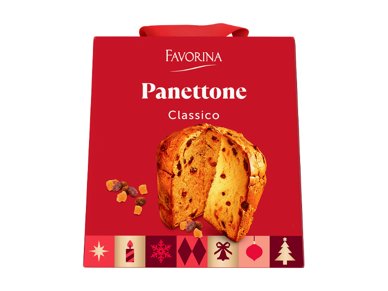 Panettone Classico em embalagem vermelha com motivos natalícios.